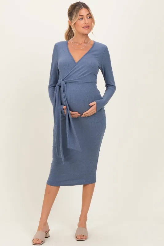 Denim Blue Ribbed Long Sleeve Maternity Wrap Dress sold by Pinkblush