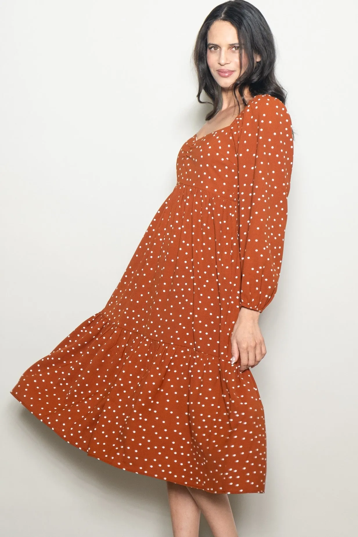 Rust Polka Dots Sweetheart Neck Midi Dress sold by Pinkblush product image thumbnail 3