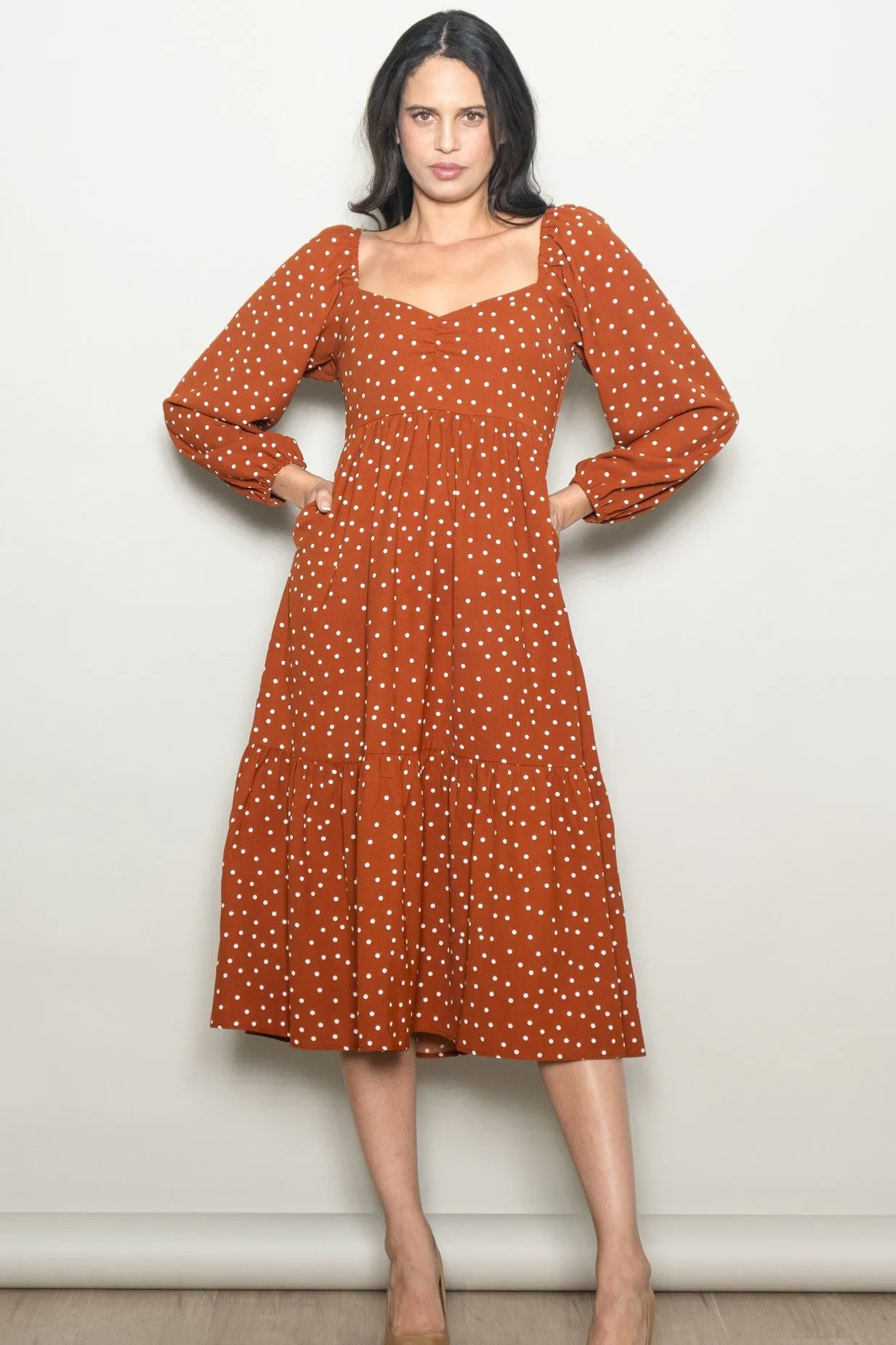 Rust Polka Dots Sweetheart Neck Midi Dress sold by Pinkblush