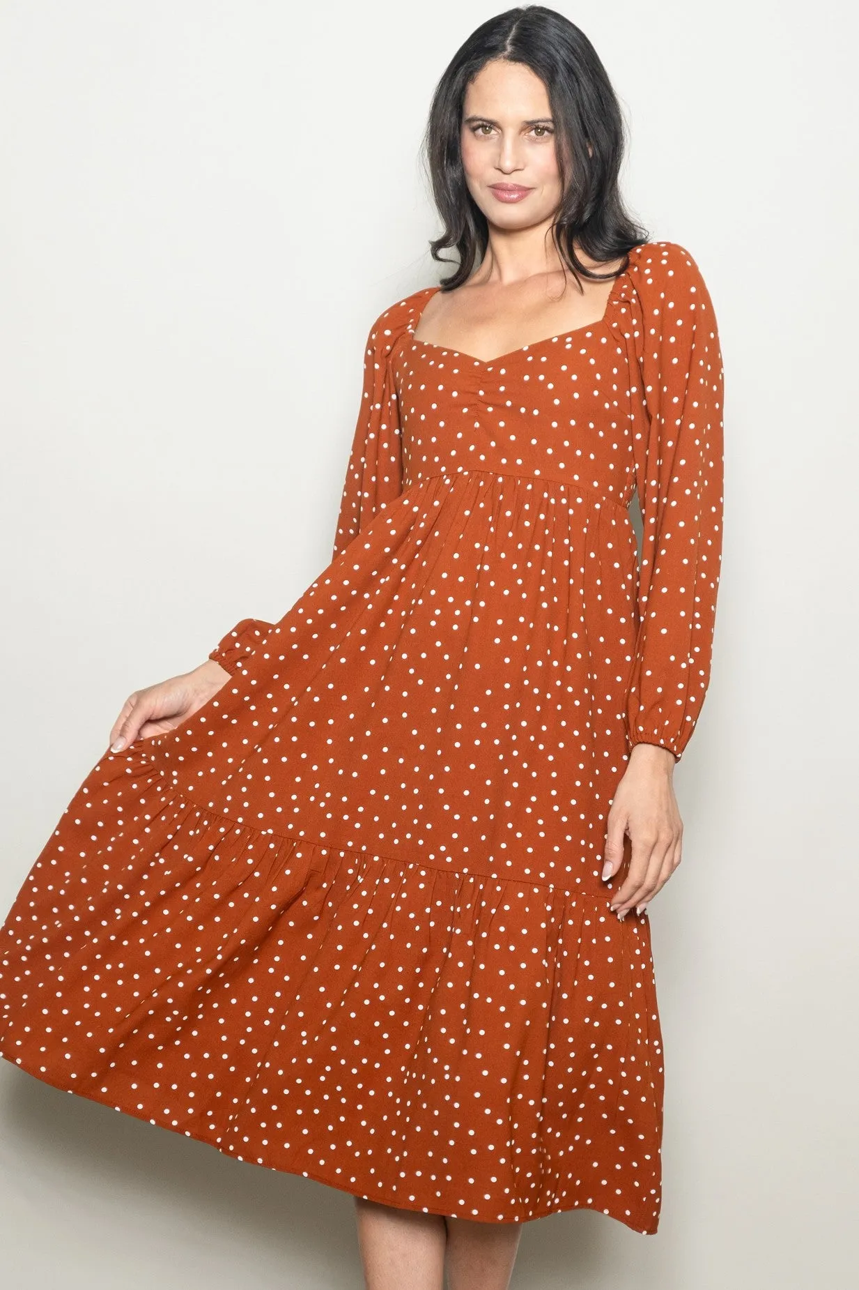 Rust Polka Dots Sweetheart Neck Midi Dress sold by Pinkblush product image thumbnail 2