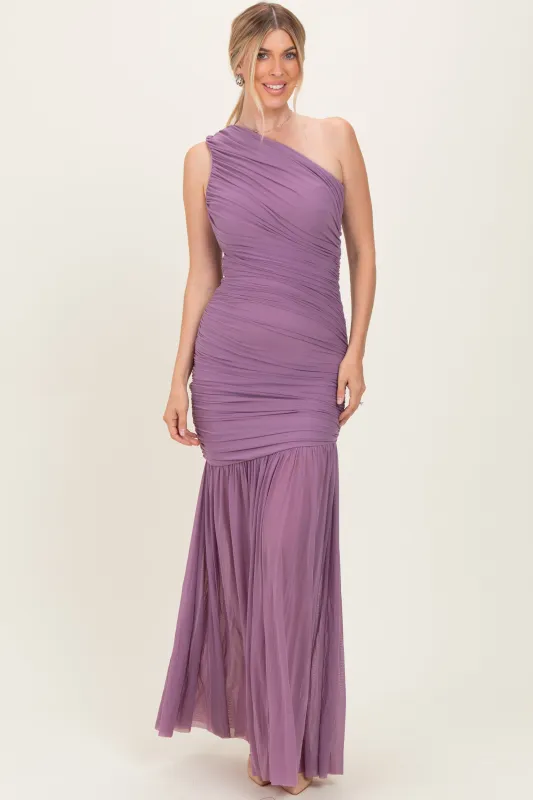 Dark Lavender Ruched Mesh One Shoulder Maxi Dress sold by Pinkblush