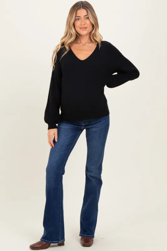 Black V-Neck Drop Shoulder Back Bow Tie Detail Maternity Sweater sold by Pinkblush