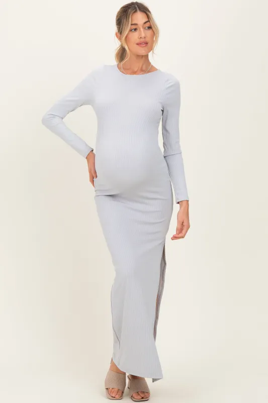 Light Grey Ribbed Long Sleeve Side Slit Maternity Maxi Dress sold by Pinkblush