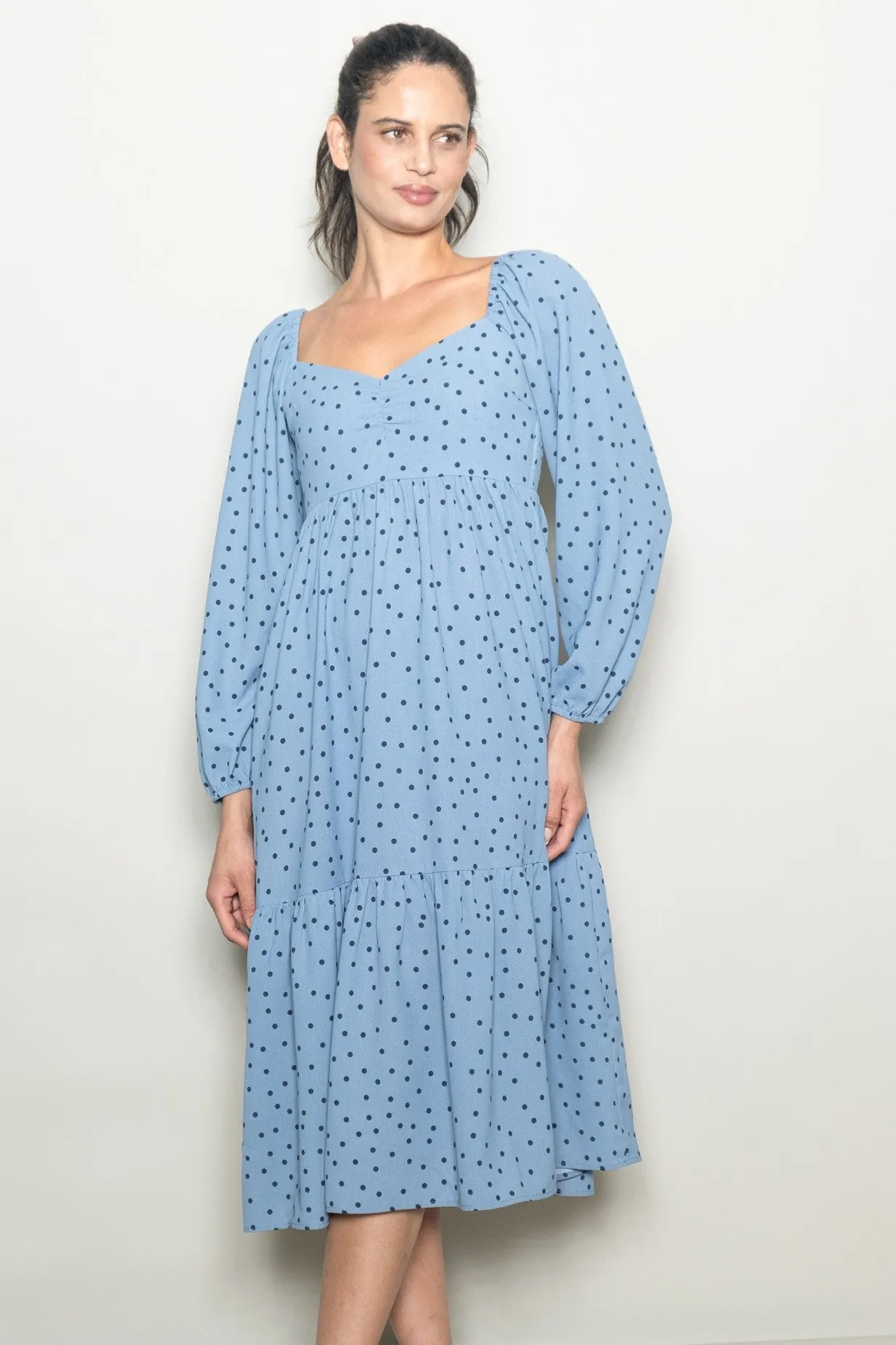 Dusty Blue Polka Dots Sweetheart Neck Midi Dress sold by Pinkblush product image thumbnail 2