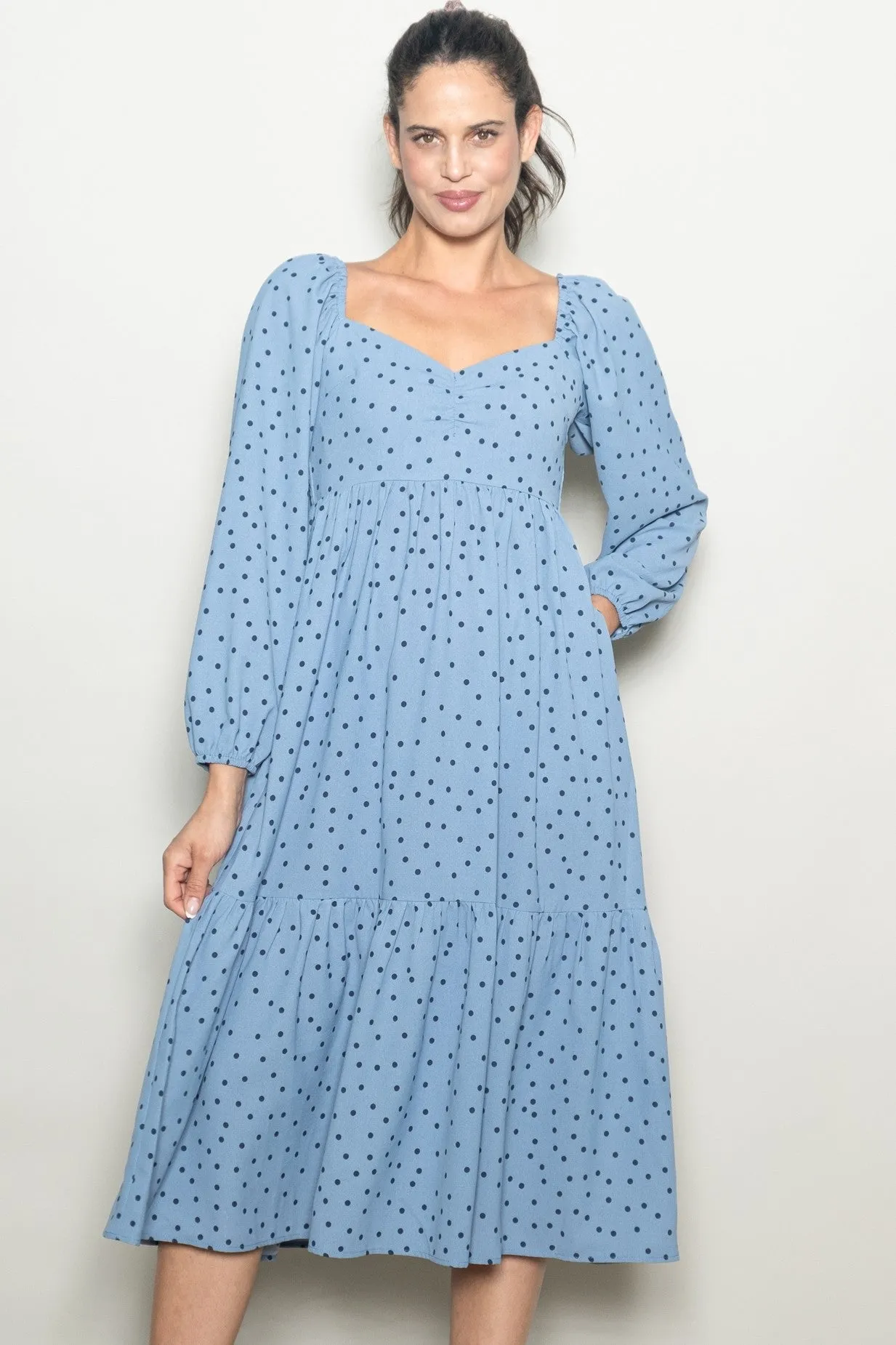 Dusty Blue Polka Dots Sweetheart Neck Midi Dress sold by Pinkblush