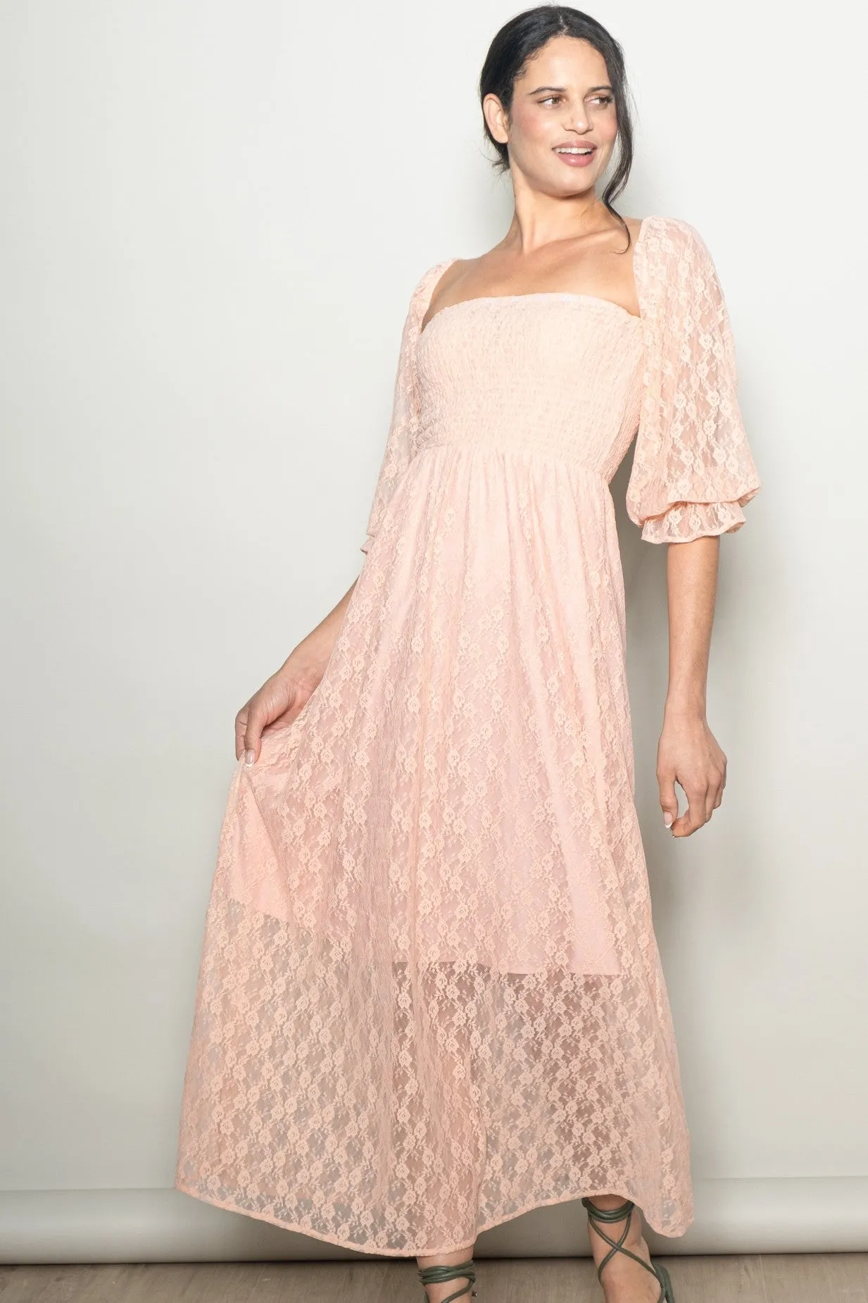 Peach Lace Overlay Smocked Maxi Dress sold by Pinkblush product image thumbnail 2