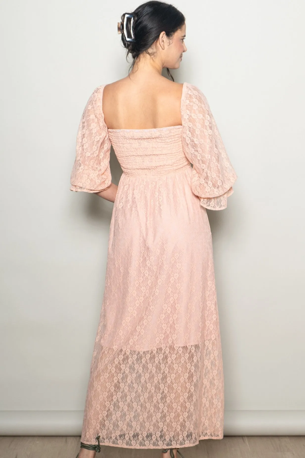 Peach Lace Overlay Smocked Maxi Dress sold by Pinkblush product image thumbnail 3