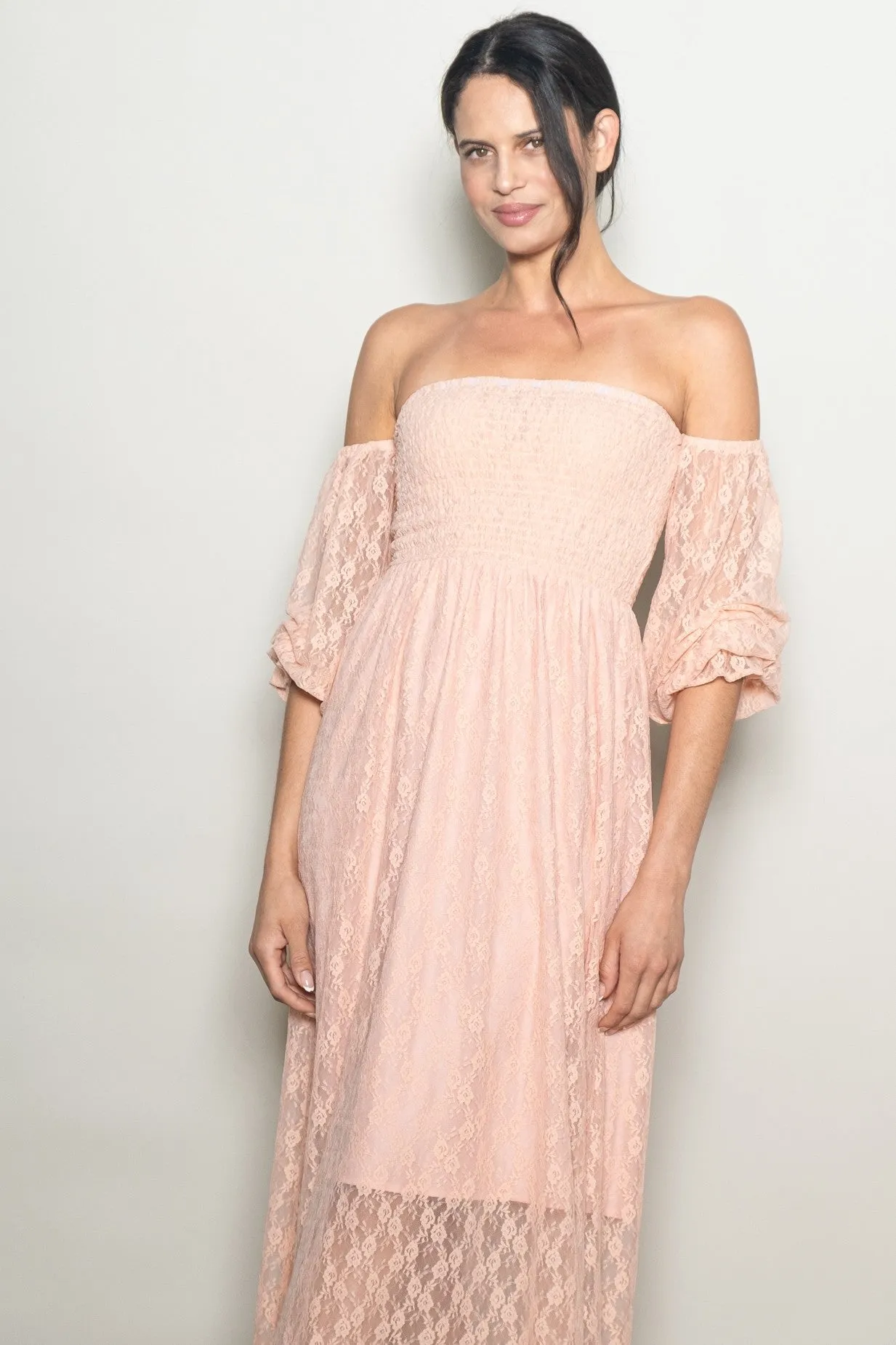 Peach Lace Overlay Smocked Maxi Dress sold by Pinkblush product image thumbnail 4