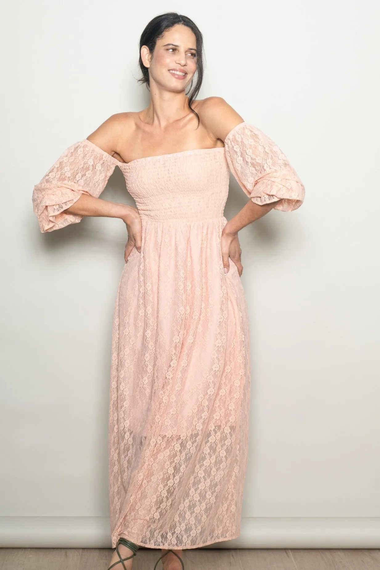 Peach Lace Overlay Smocked Maxi Dress sold by Pinkblush