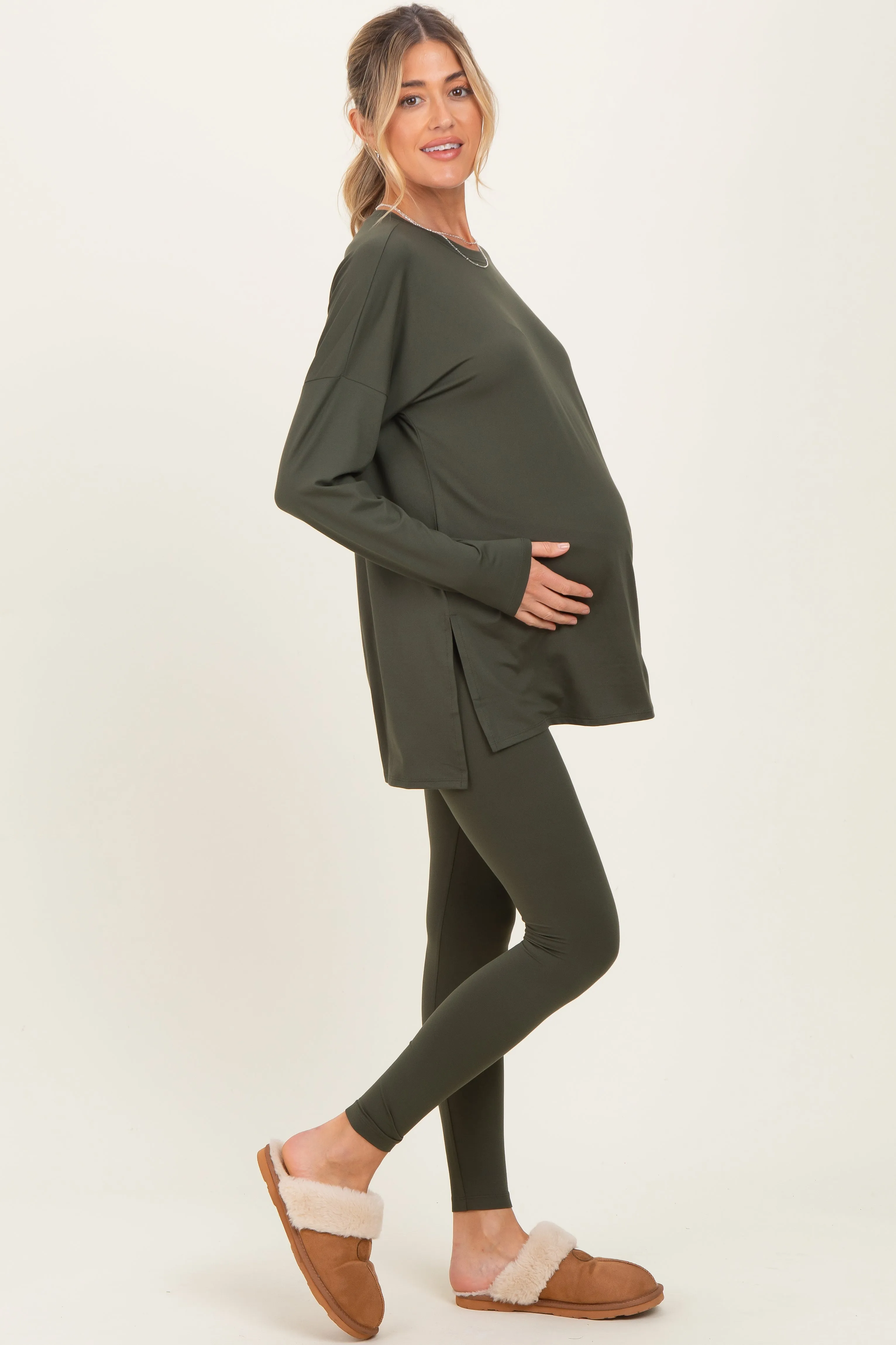 Olive Brushed Knit Maternity Oversized Top and Legging Set sold by Pinkblush product image thumbnail 2