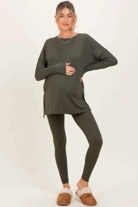 Olive Brushed Knit Maternity Oversized Top and Legging Set sold by Pinkblush