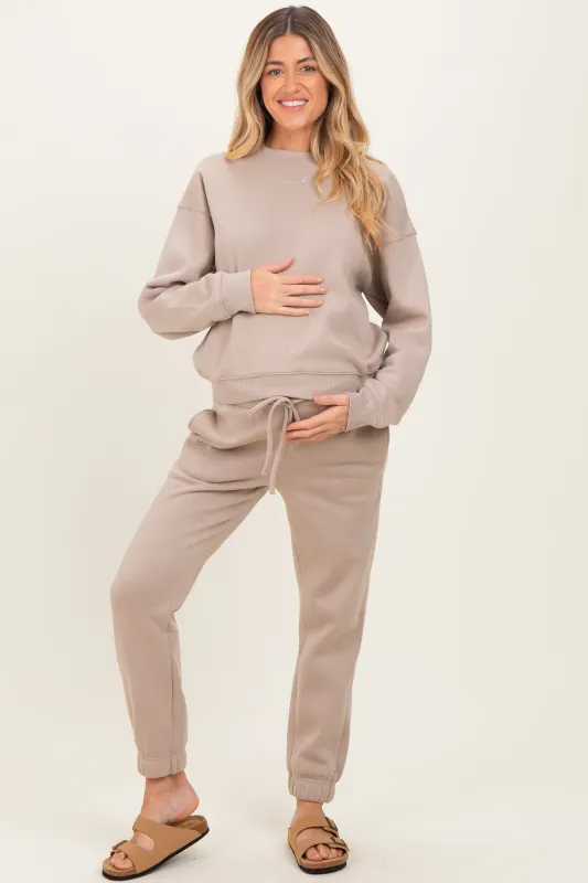 Light Mocha Fleece Long Sleeve Maternity Pullover & Jogger Set sold by Pinkblush