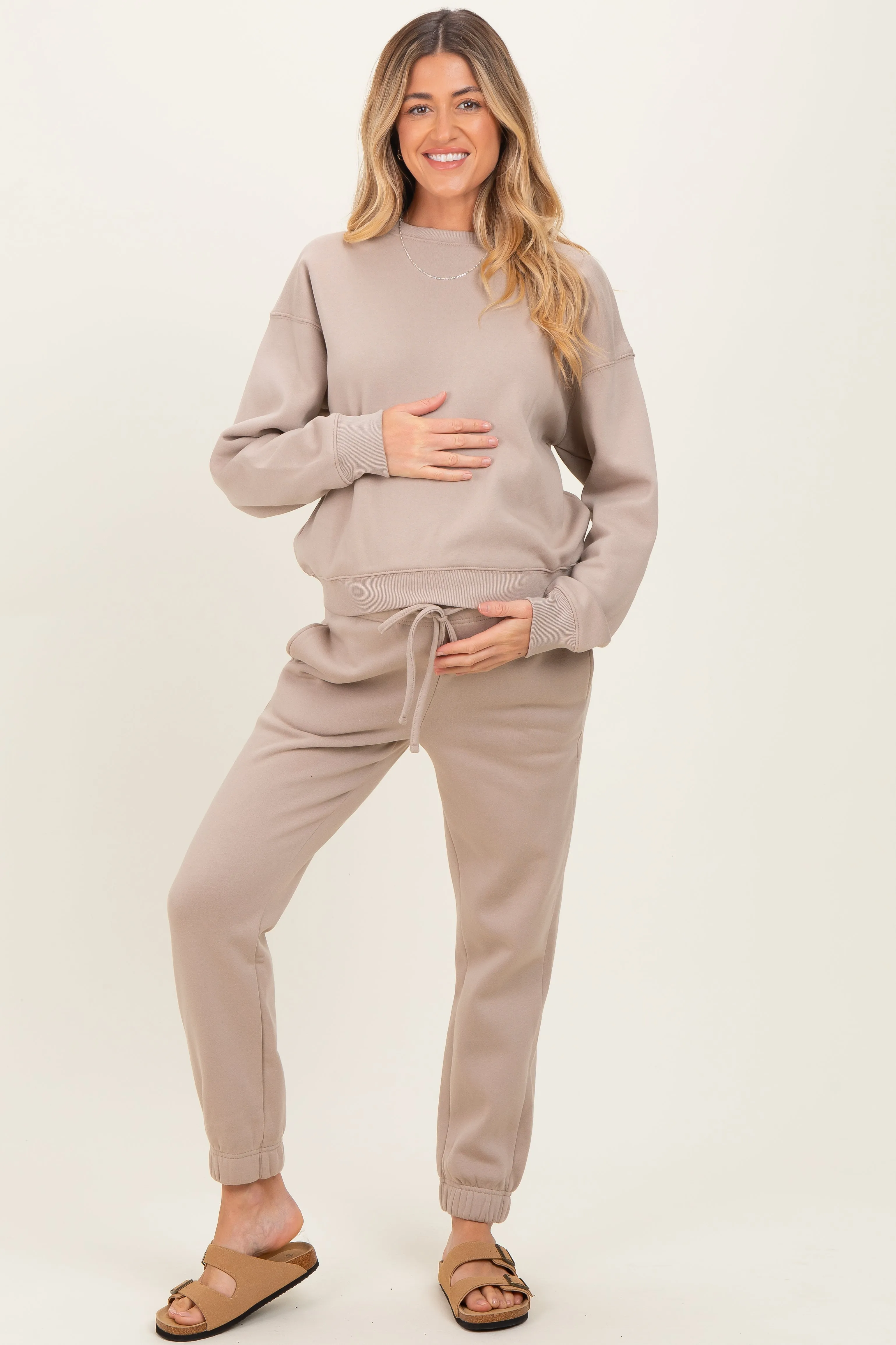 Light Mocha Fleece Long Sleeve Maternity Pullover & Jogger Set sold by Pinkblush
