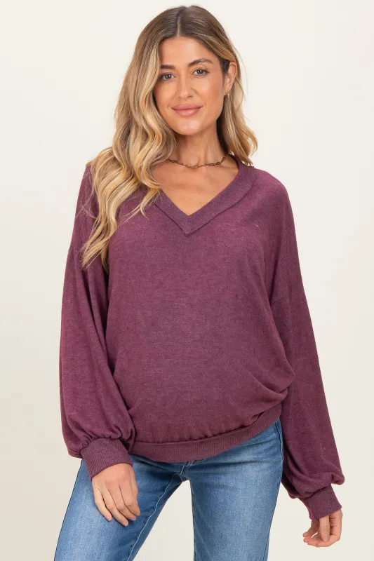 Plum Brushed Long Sleeve Ribbed V-Neck Maternity Top sold by Pinkblush