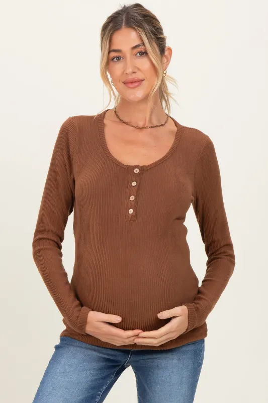 Brown Solid Ribbed Brushed Long Sleeve Button Down Round Neck Maternity Top sold by Pinkblush