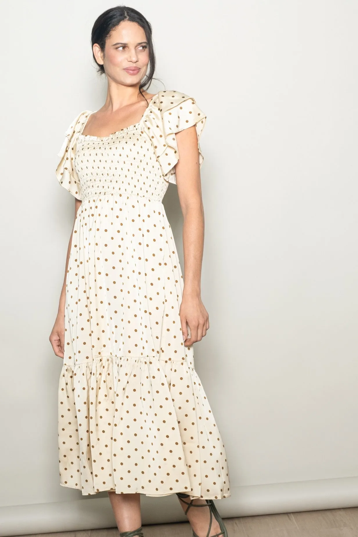 Cream Polka Dot Satin Smocked Flutter Sleeve Dress sold by Pinkblush product image thumbnail 2