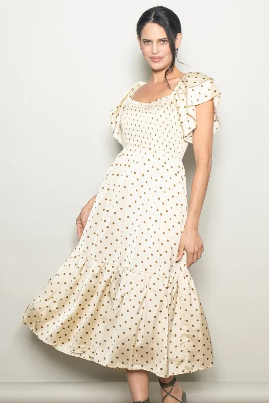 Cream Polka Dot Satin Smocked Flutter Sleeve Dress sold by Pinkblush