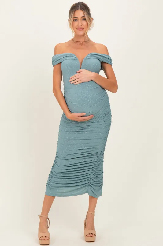 Light Olive Glitter Ruched Off Shoulder Maternity Midi Dress sold by Pinkblush