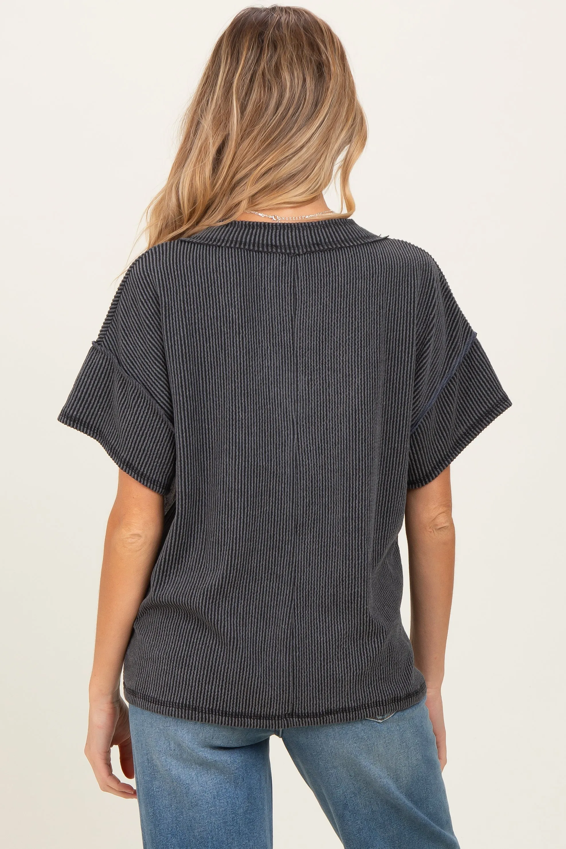 Charcoal Ribbed Short Sleeve V-Neck Reverse Stitch Maternity Top sold by Pinkblush product image thumbnail 4