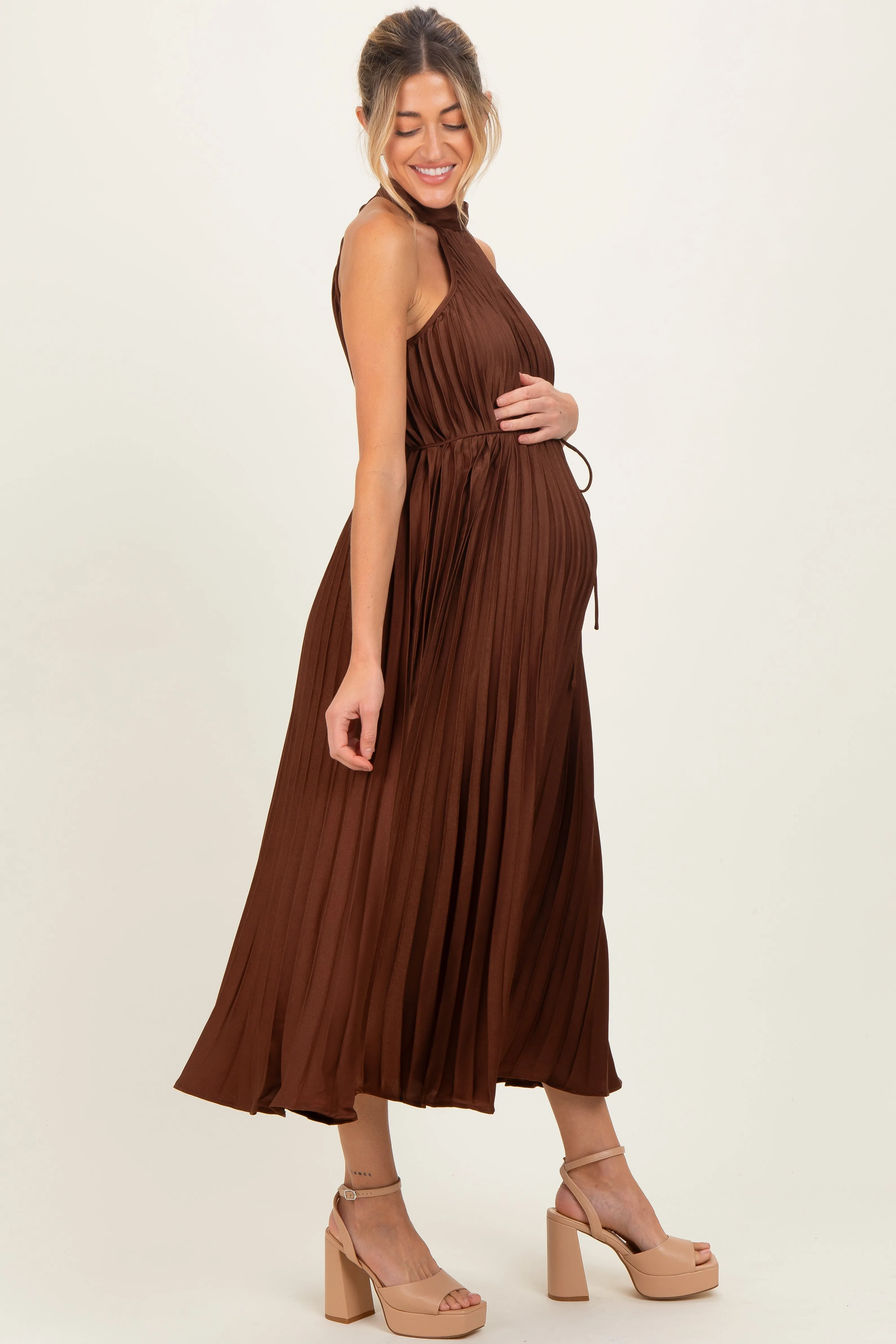 Brown Pleated Maternity Halter Dress sold by Pinkblush product image thumbnail 3