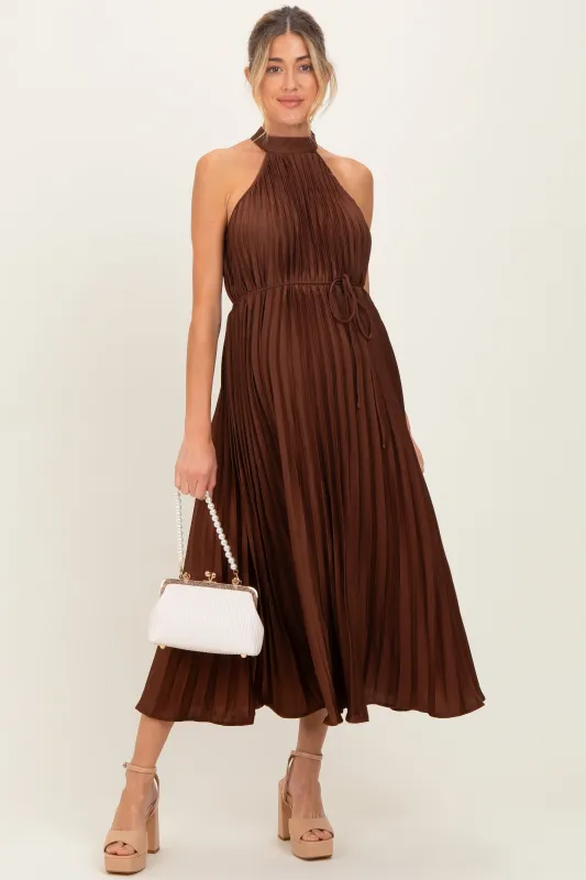 Brown Pleated Maternity Halter Dress sold by Pinkblush