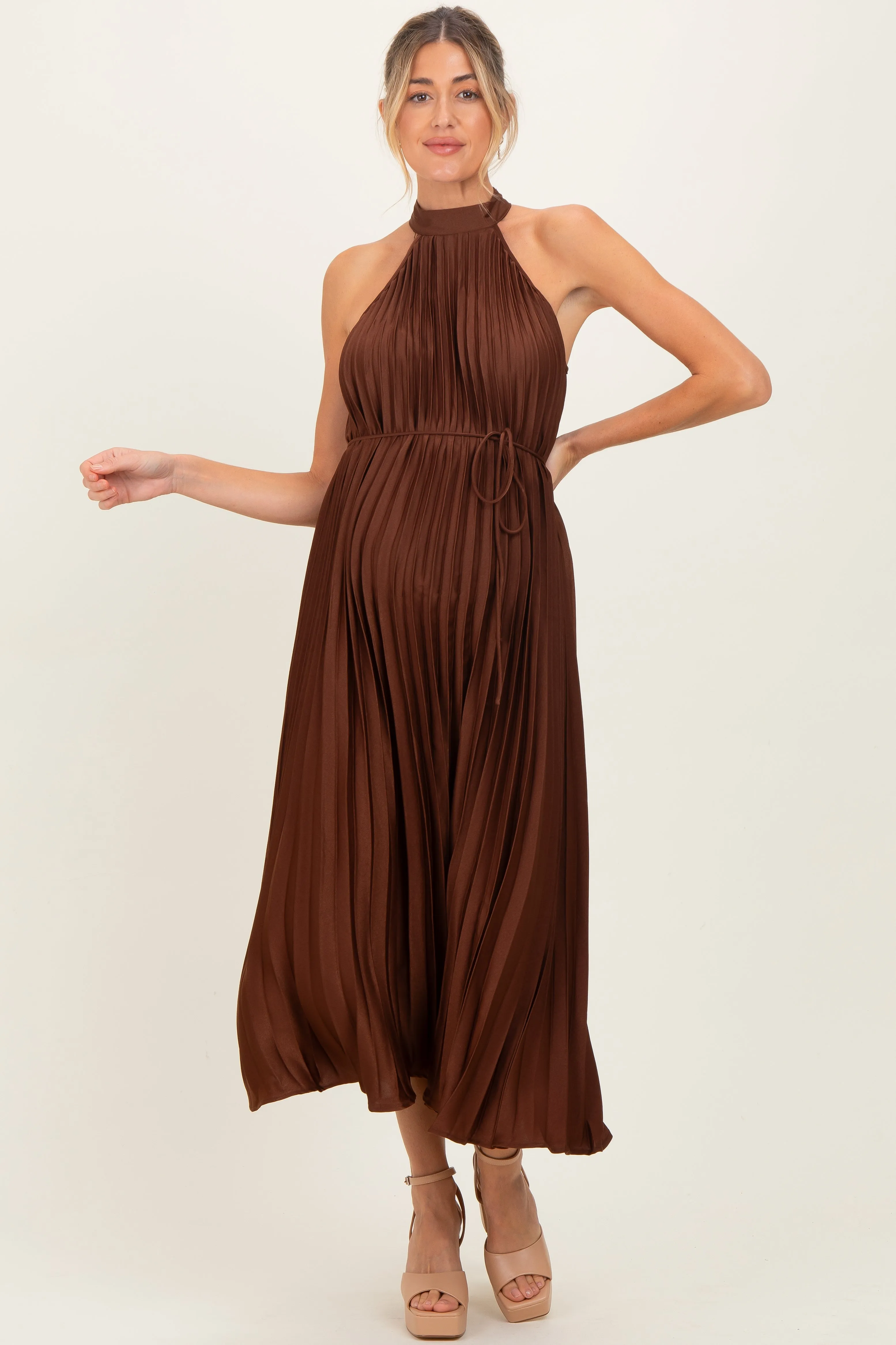 Brown Pleated Maternity Halter Dress sold by Pinkblush product image thumbnail 2