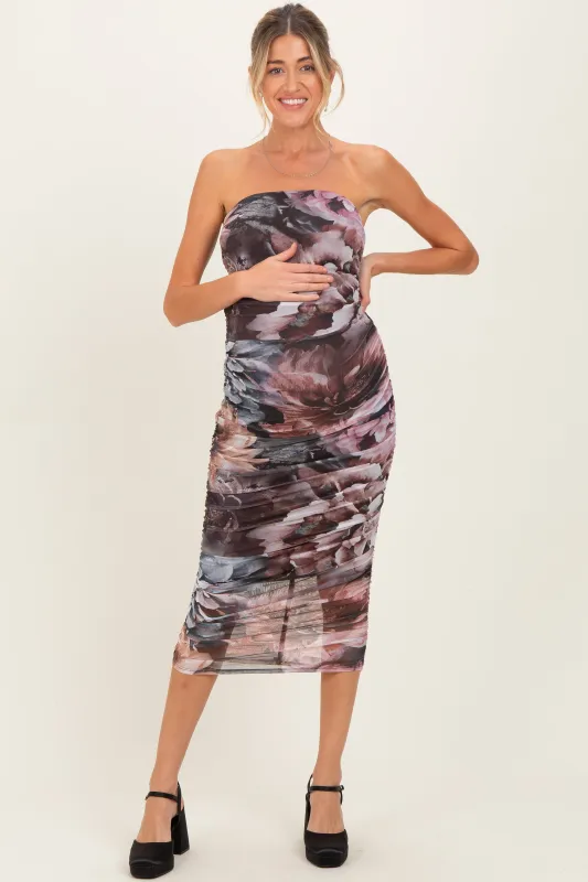 Mauve Floral Mesh Strapless Ruched Maternity Midi Dress sold by Pinkblush
