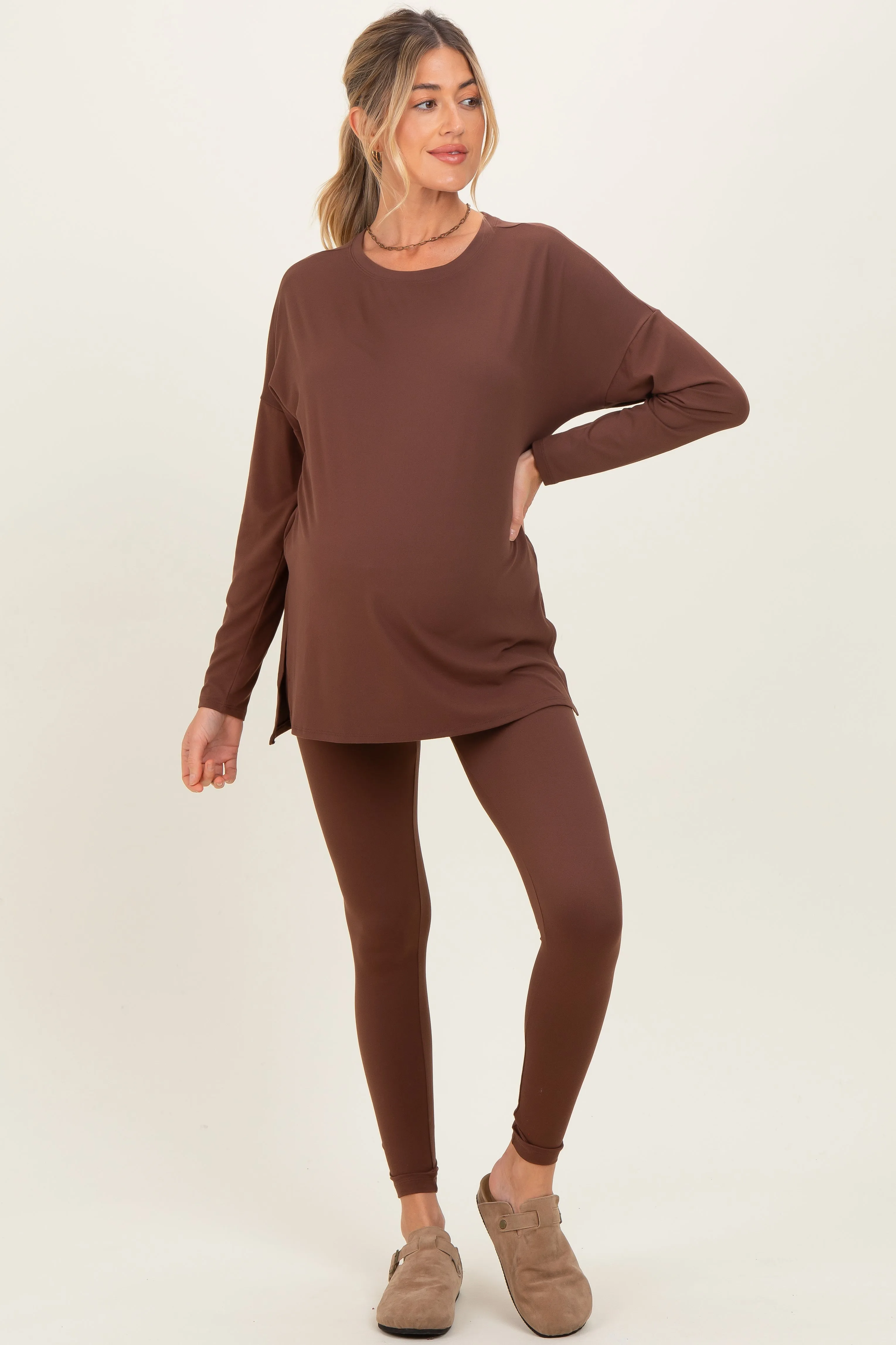 Brown Brushed Knit Maternity Oversized Top and Legging Set sold by Pinkblush product image thumbnail 2