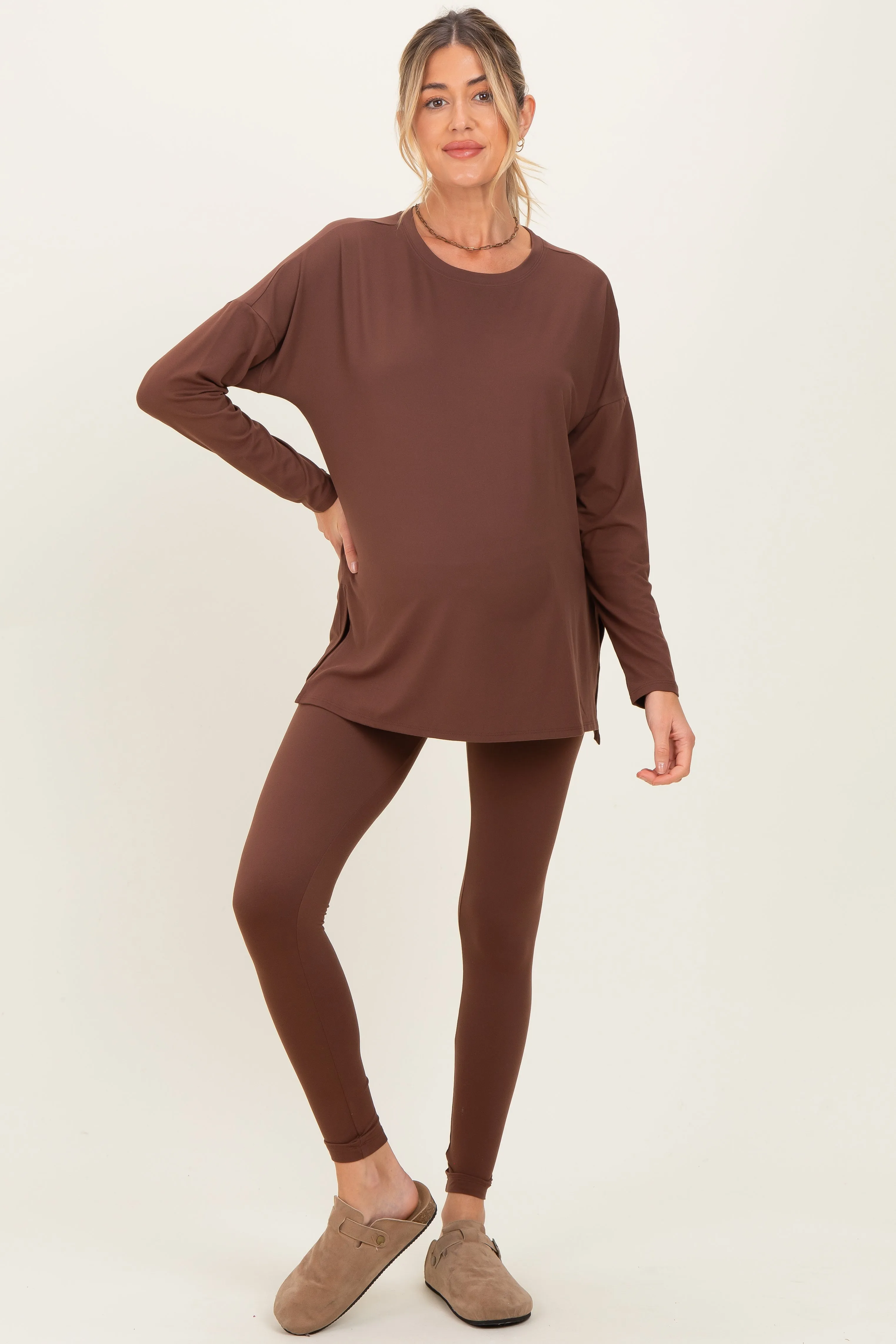 Brown Brushed Knit Maternity Oversized Top and Legging Set sold by Pinkblush