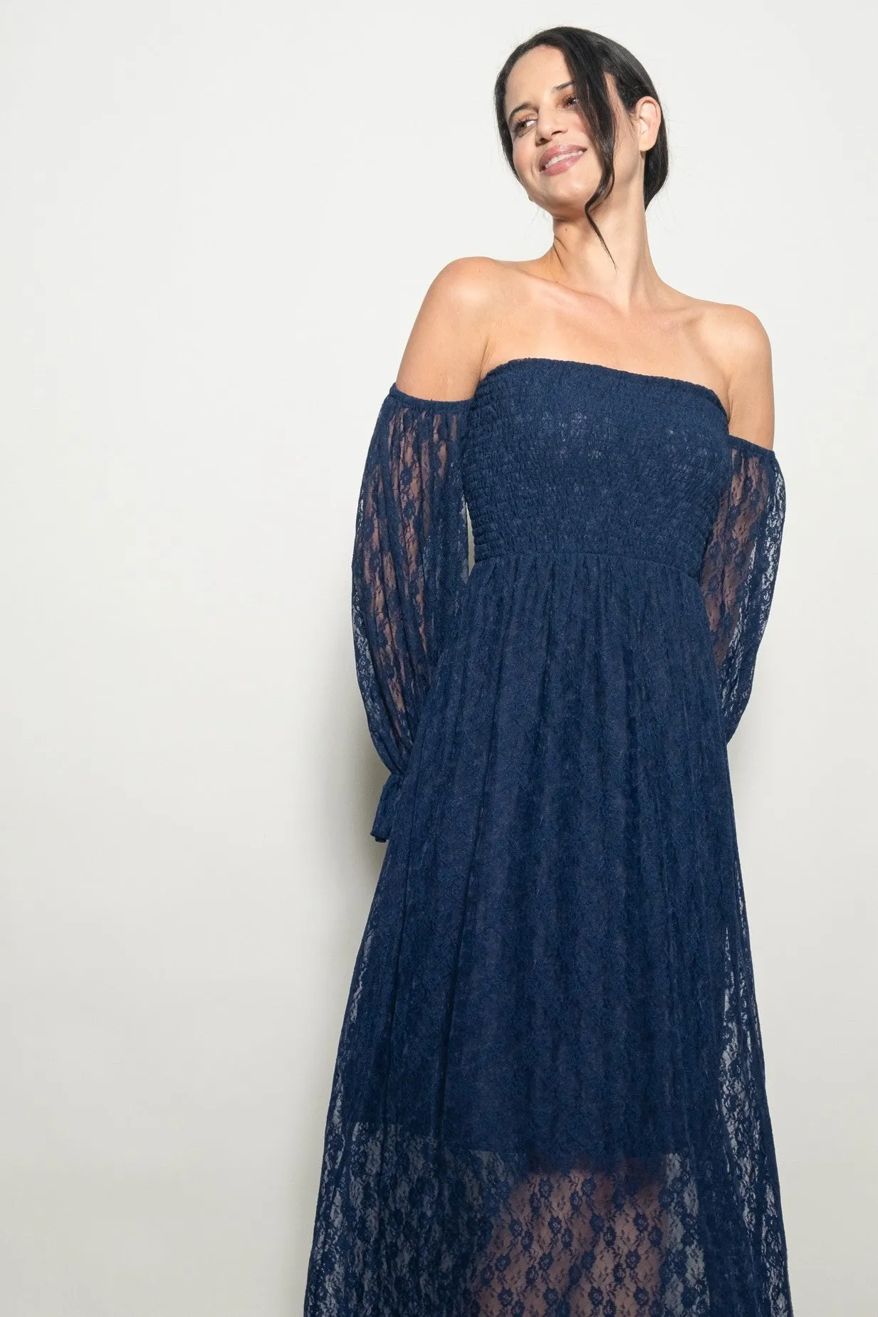 Navy Lace Overlay Smocked Maxi Dress sold by Pinkblush product image thumbnail 4