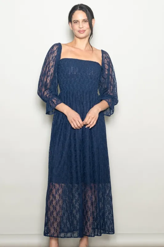 Navy Lace Overlay Smocked Maxi Dress sold by Pinkblush