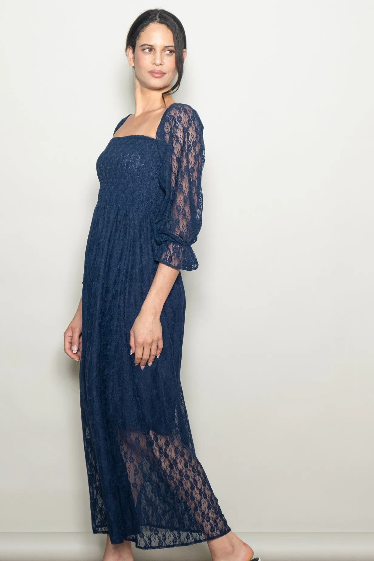 Navy Lace Overlay Smocked Maxi Dress sold by Pinkblush product image thumbnail 2