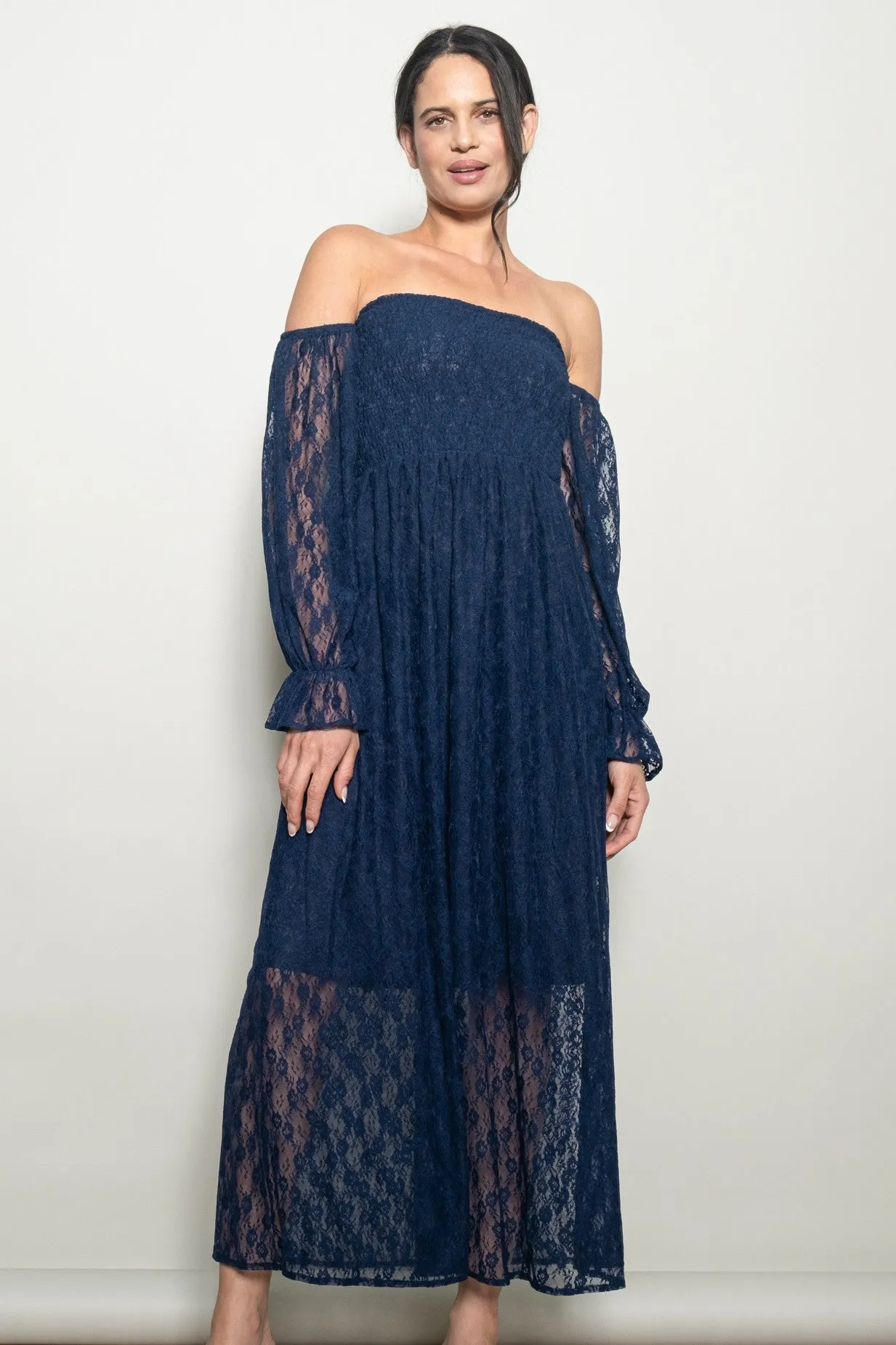 Navy Lace Overlay Smocked Maxi Dress sold by Pinkblush product image thumbnail 3