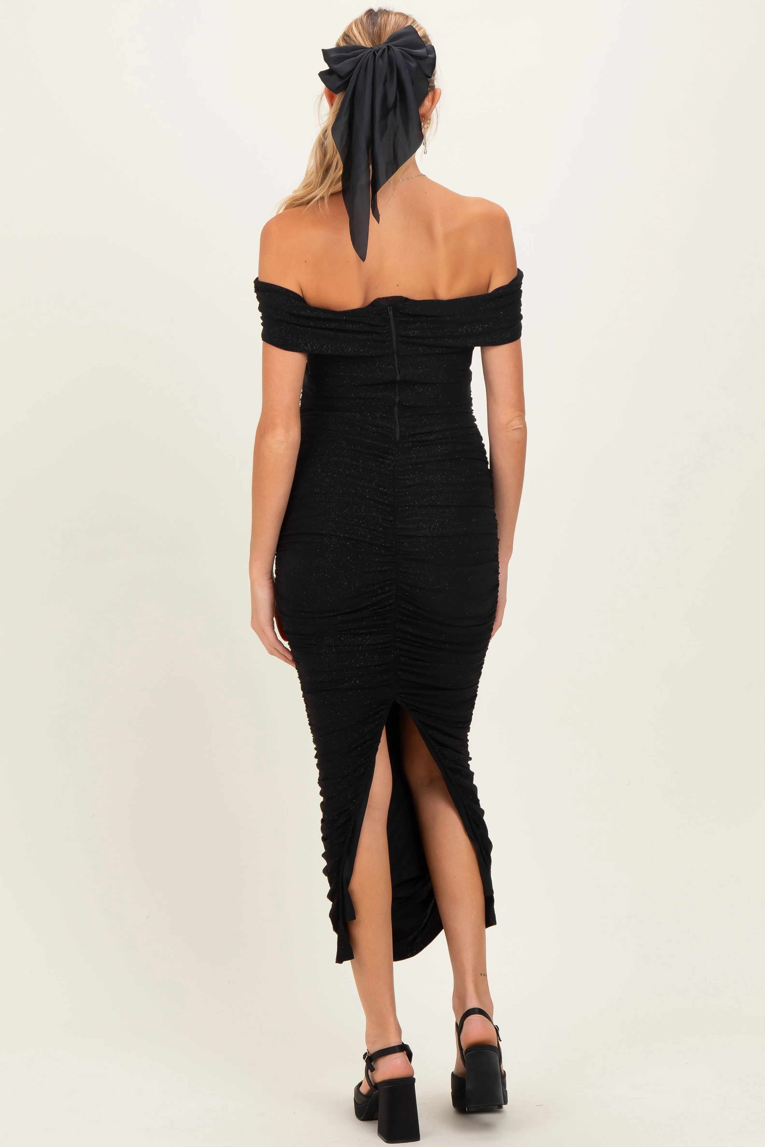 Black Glitter Ruched Off Shoulder Maternity Midi Dress sold by Pinkblush product image thumbnail 4