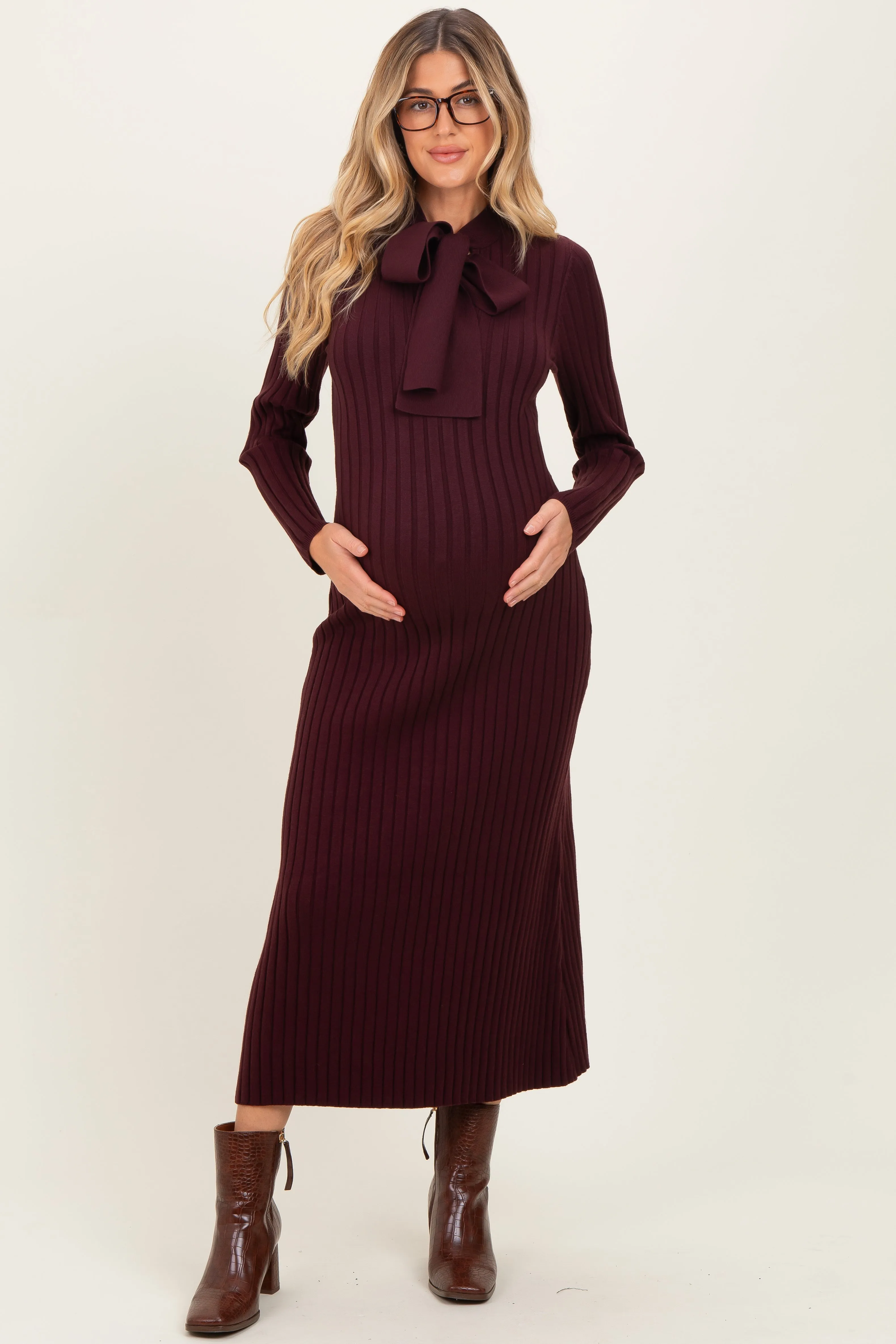 Burgundy Neck Tie Sweater Maternity Dress sold by Pinkblush