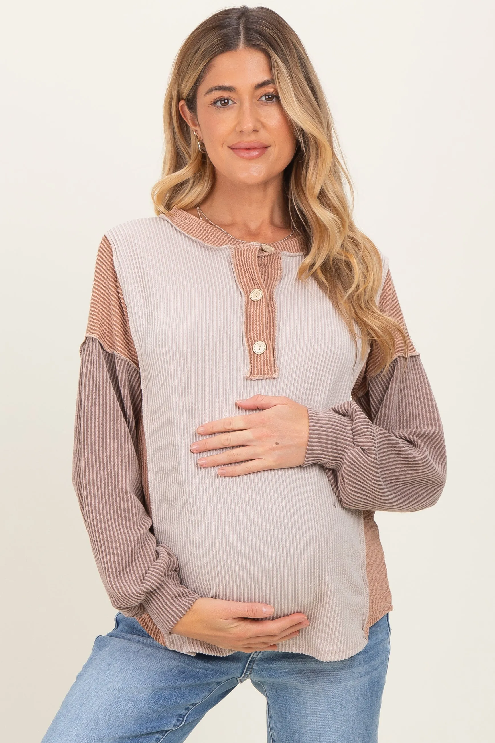 Taupe Colorblock Maternity Top sold by Pinkblush