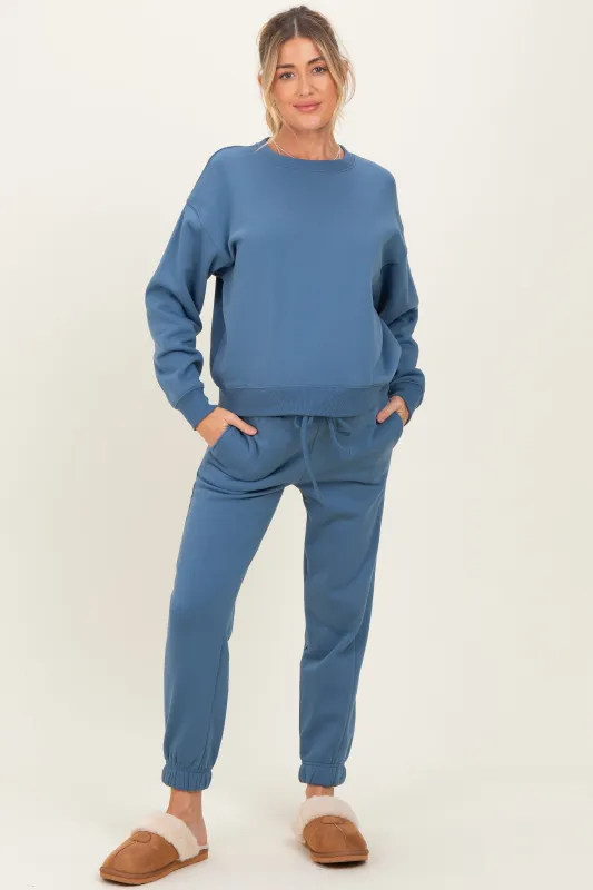 Dusty Blue Fleece Long Sleeve Maternity Pullover & Jogger Set sold by Pinkblush