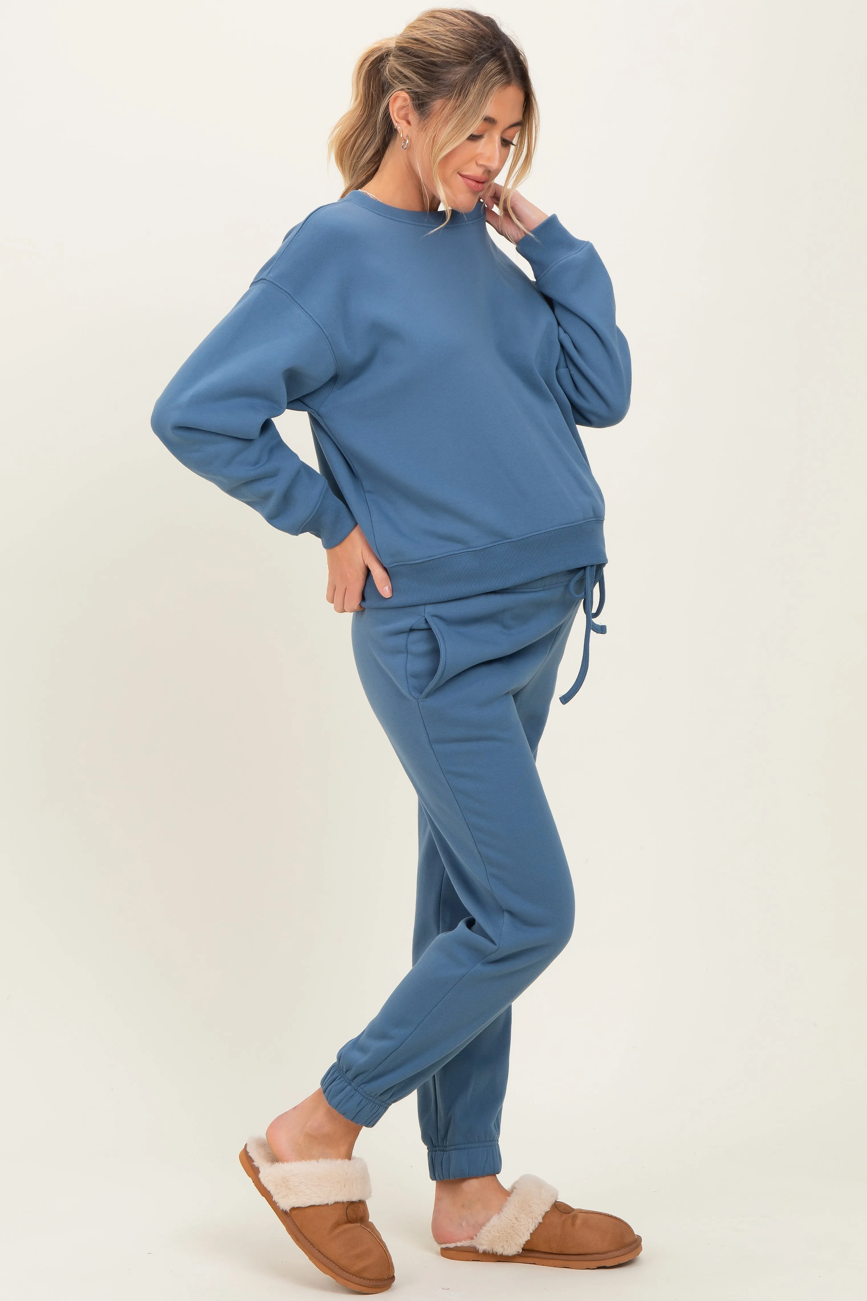 Dusty Blue Fleece Long Sleeve Maternity Pullover & Jogger Set sold by Pinkblush product image thumbnail 2