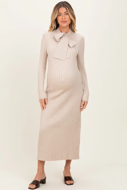 Beige Neck Tie Sweater Maternity Dress sold by Pinkblush