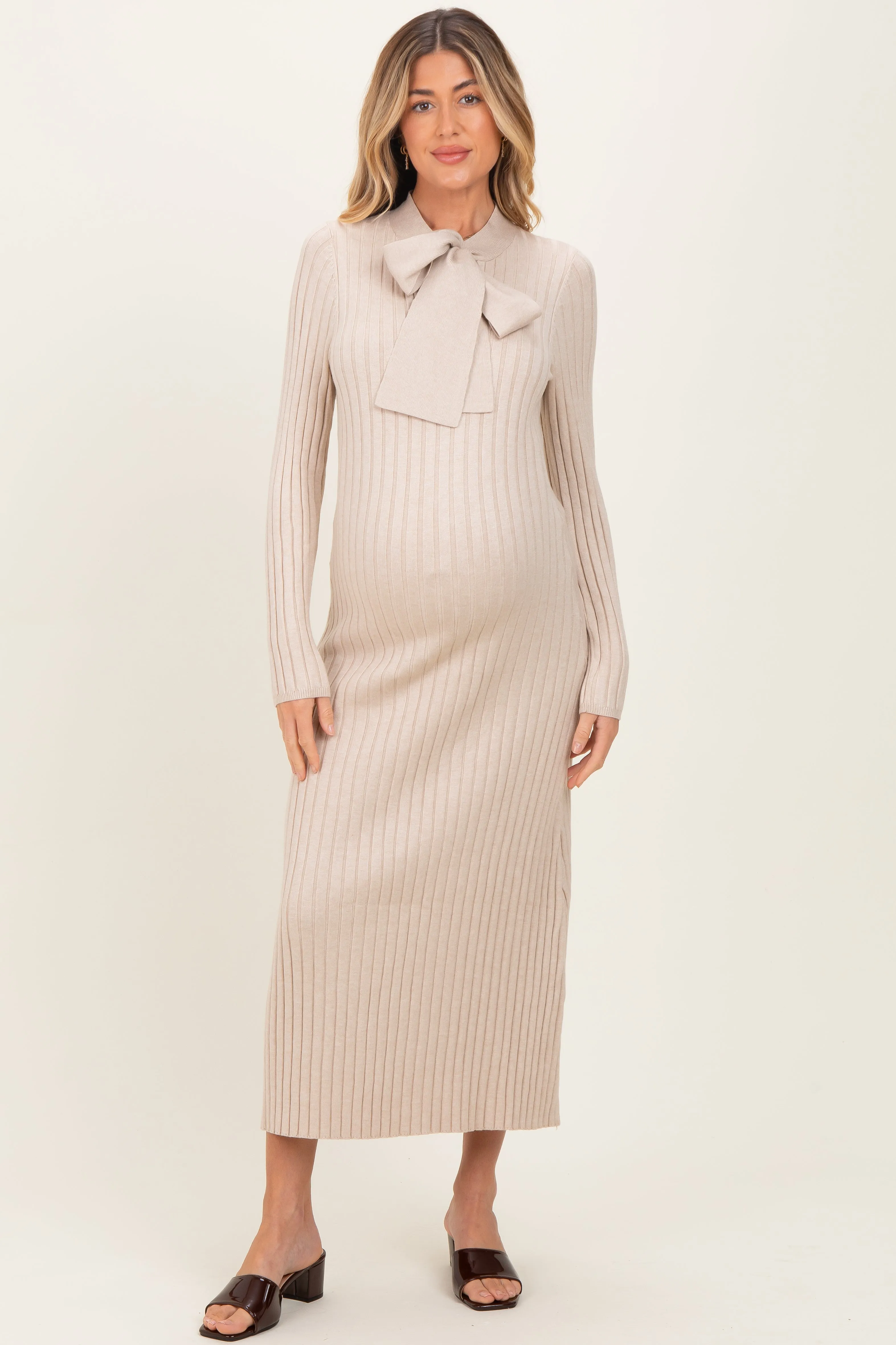 Beige Neck Tie Sweater Maternity Dress sold by Pinkblush