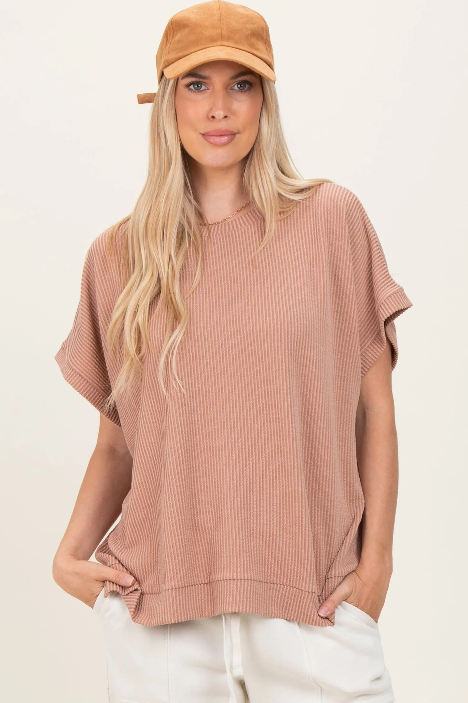 Brown Solid Ribbed Short Sleeve Oversized Maternity Tunic Top sold by Pinkblush product image thumbnail 3