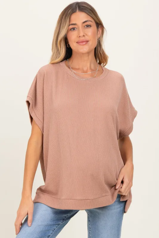 Brown Solid Ribbed Short Sleeve Oversized Maternity Tunic Top sold by Pinkblush