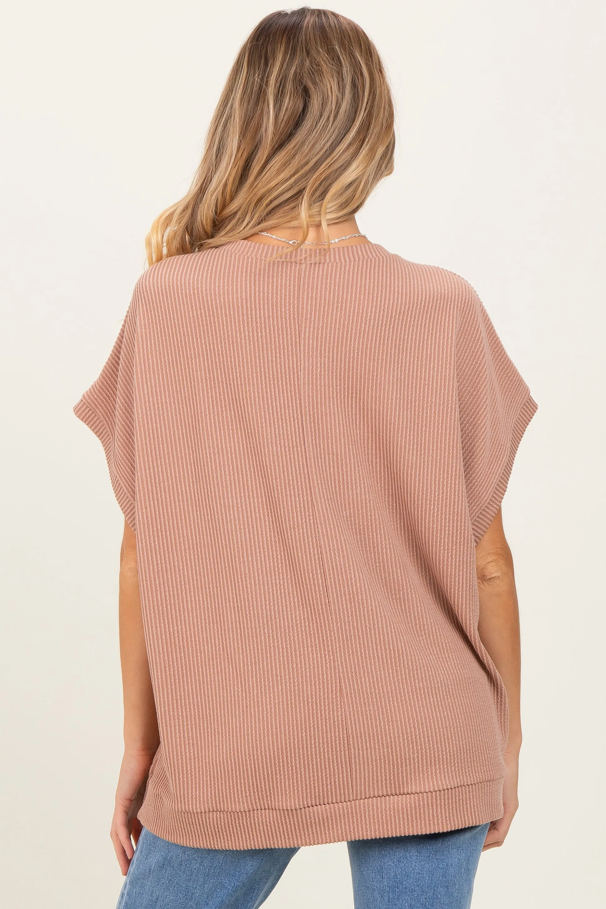 Brown Solid Ribbed Short Sleeve Oversized Maternity Tunic Top sold by Pinkblush product image thumbnail 2