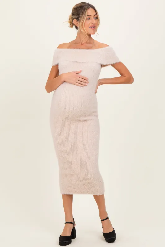 Cream Fuzzy Knit Off Shoulder Maternity Midi Dress sold by Pinkblush