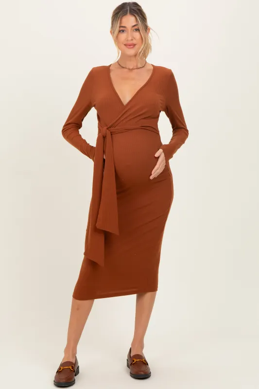 Mocha Ribbed Long Sleeve Maternity Wrap Dress sold by Pinkblush