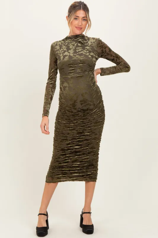 Olive Floral Velvet Mesh Ruched Maternity Midi Dress sold by Pinkblush