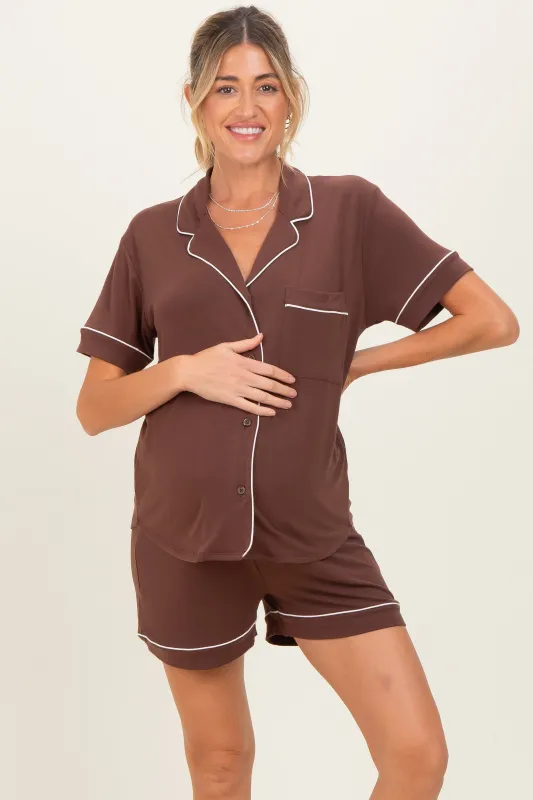Brown Short Sleeve Button Down Shirt Shorts Maternity Set sold by Pinkblush