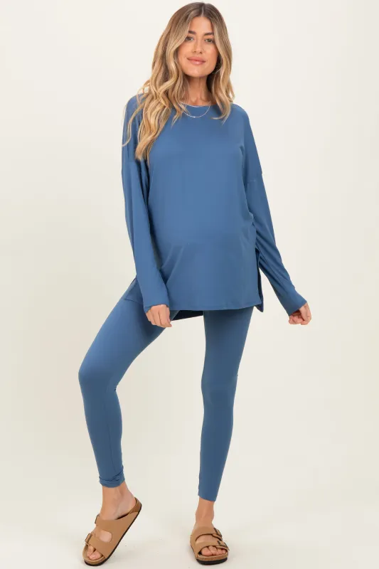 Dusty Blue Brushed Knit Maternity Oversized Top and Legging Set sold by Pinkblush
