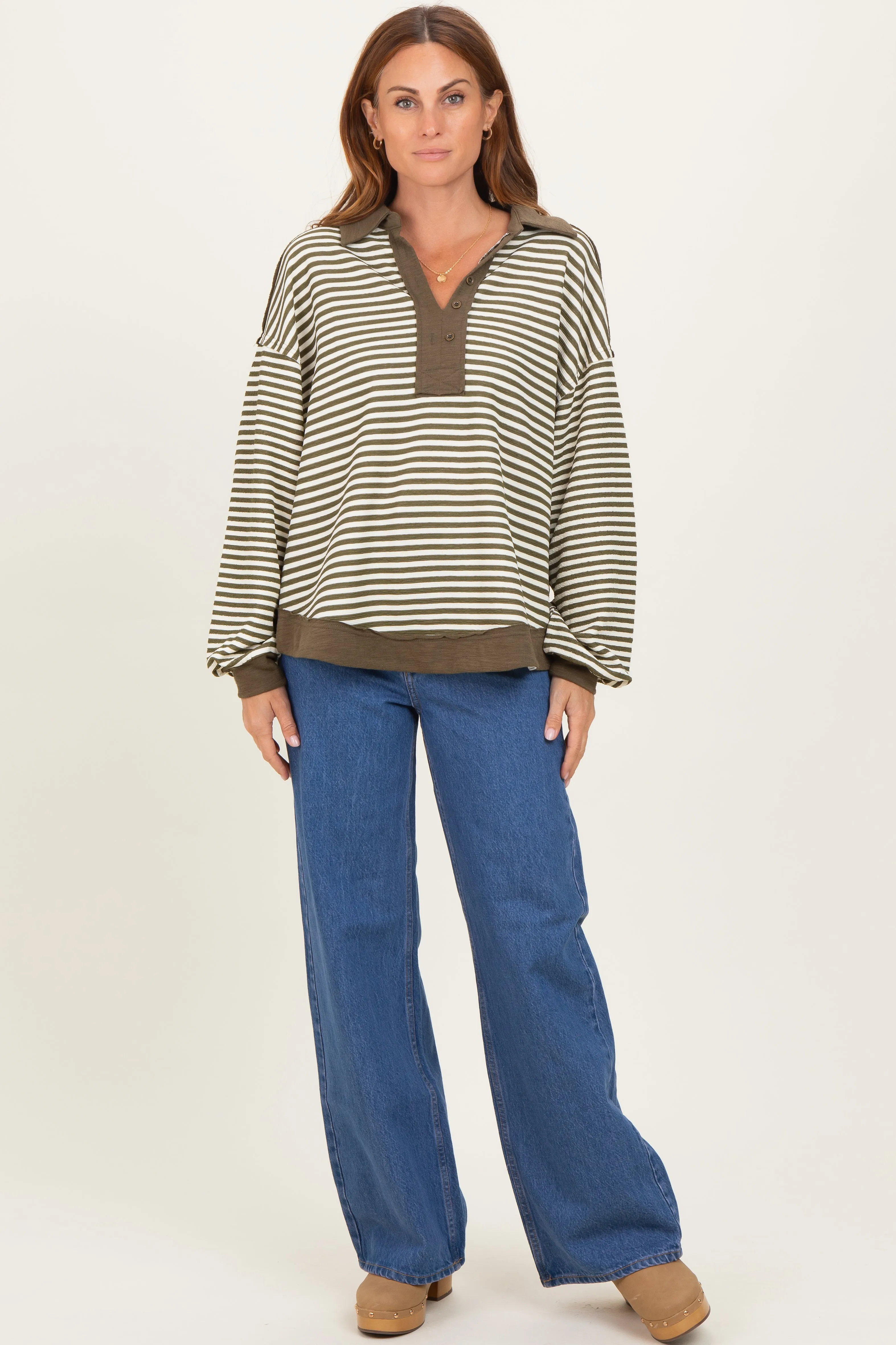 Olive Striped Oversized Collared Pullover Top sold by Pinkblush product image thumbnail 2