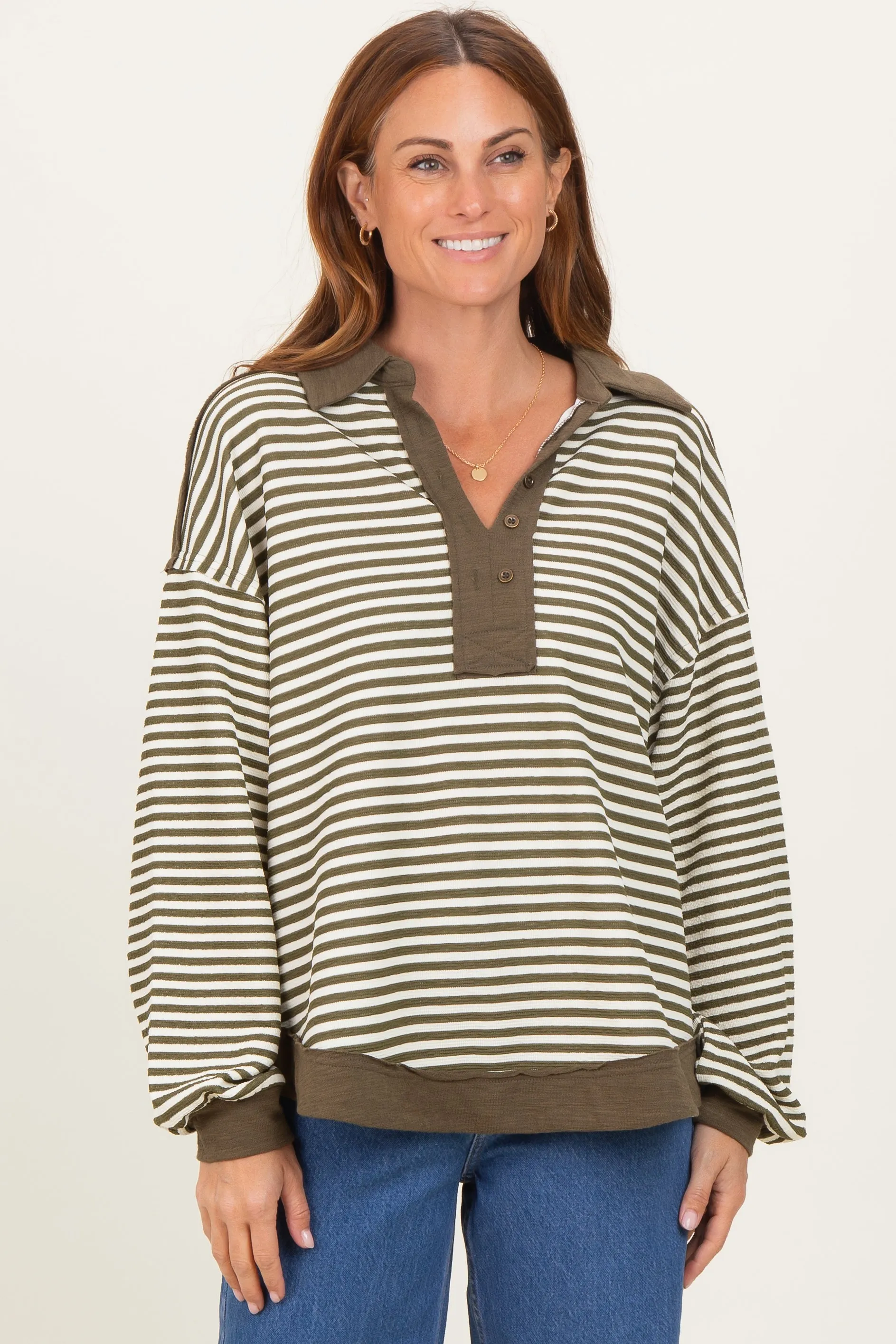 Olive Striped Oversized Collared Pullover Top sold by Pinkblush